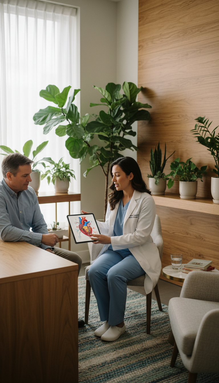 A professional medical consultation room with a warm, non-intimidating feel. A healthcare provider is pointing at a heart health diagram on a tablet while talking to a patient. Soft plants and wooden textures are visible in the background.