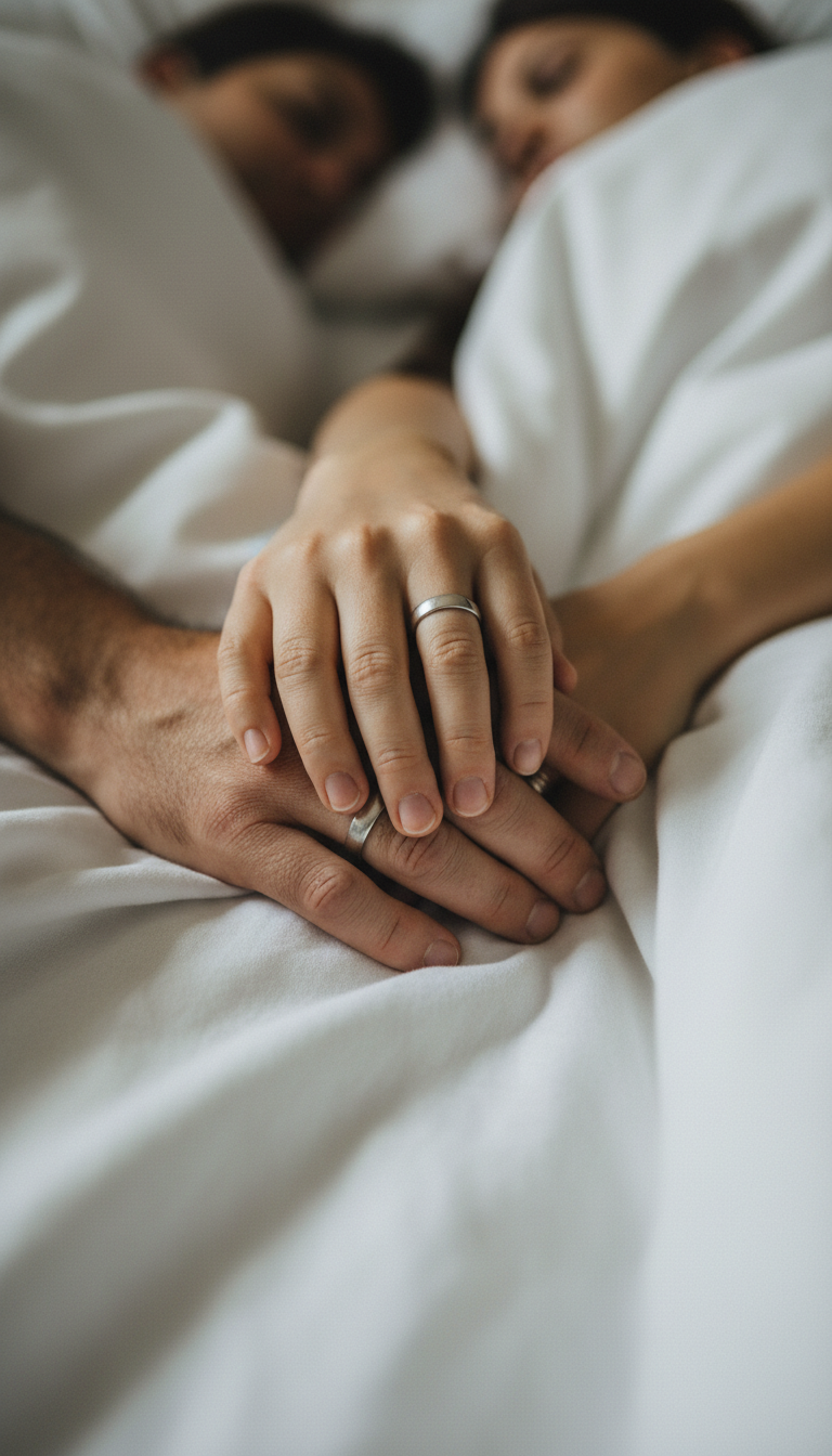 A close-up of two people's hands intertwined on a bedsheet. Figure A (Male) and Figure B (Female) are lying next to each other. The lighting is soft and moody, focusing on the texture of the skin and the intimacy of the touch.