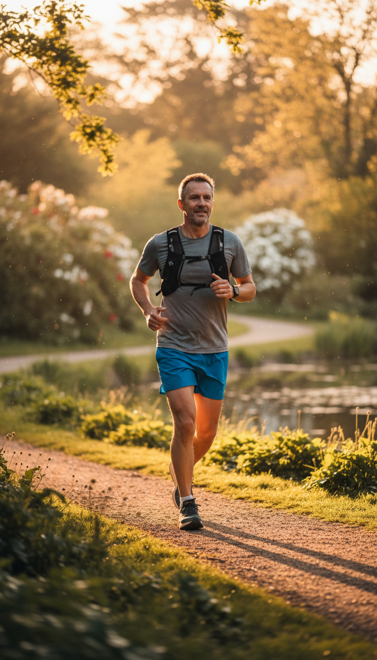 A man in his 50s jogging through a lush green park during golden hour. He looks focused and healthy. The background is slightly blurred to emphasize the movement and the healthy lifestyle theme.